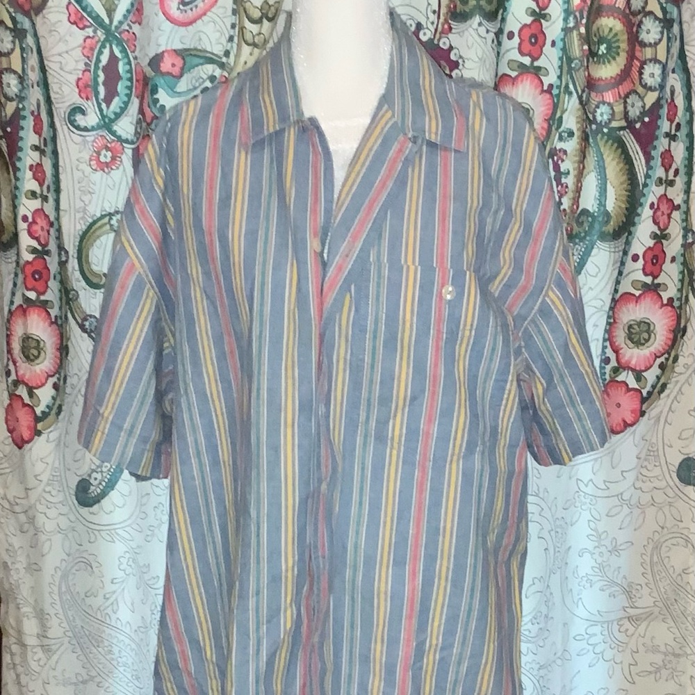Nwot Vintage LIZWEAR Size Large 90s Blue Striped Yellow Red Button Down Shirt